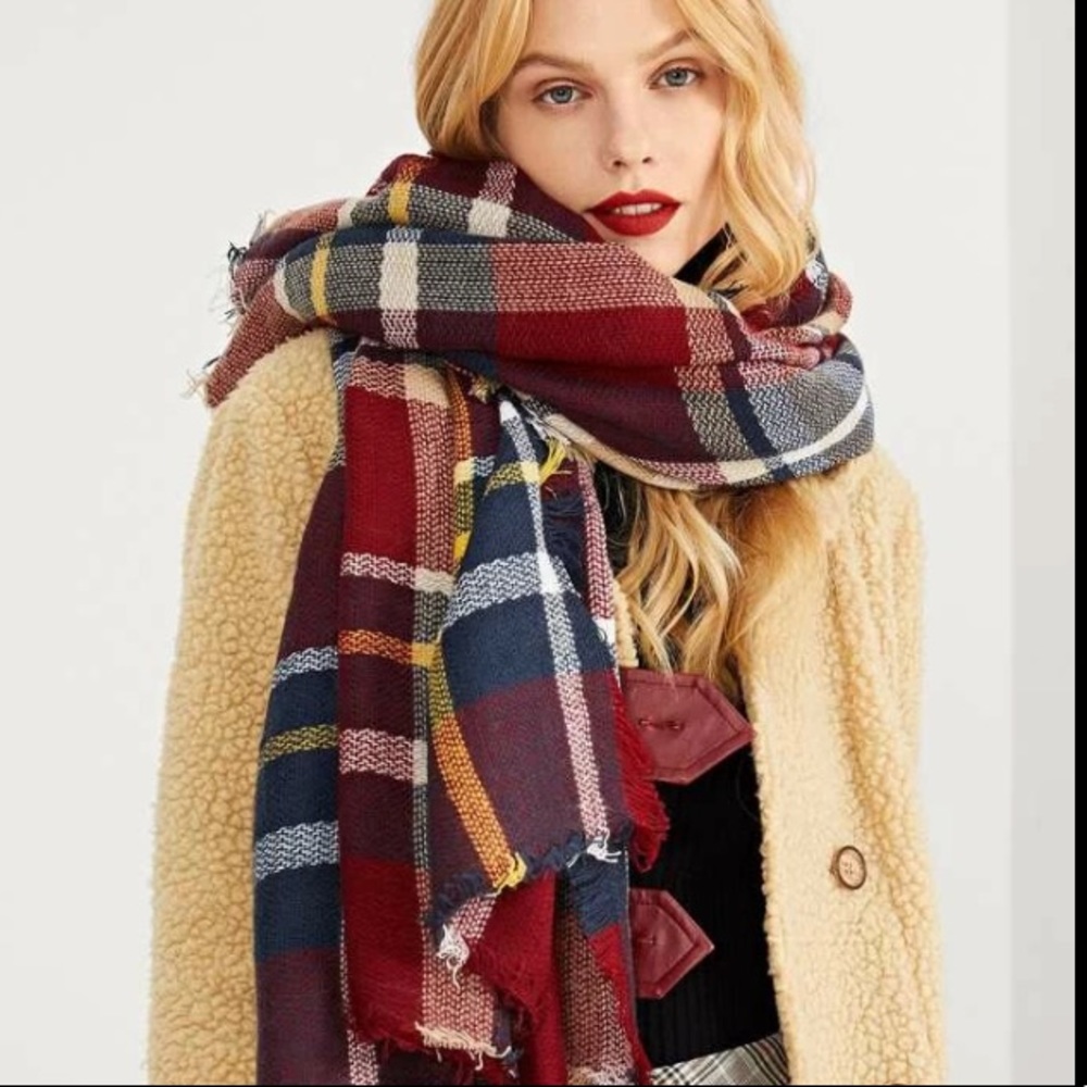 Frayed Hem Oversized Soft Plaid Blanket Scarf - Picture 1 of 7